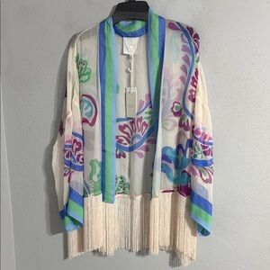 NWT 100% SILK Johnny Was Sheer Floral Fringe Kimono lightweight